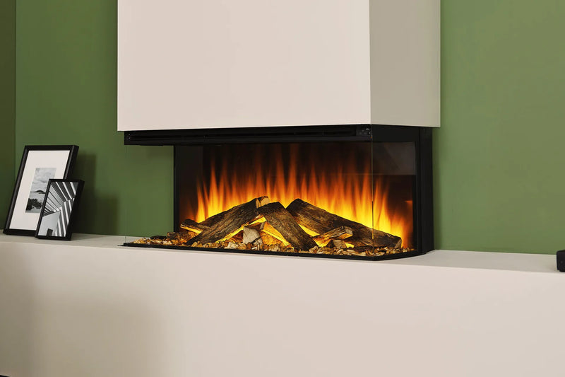 Focar electric British Fires New Forest 870 Deluxe montaj pe 3 laturi, living cu perete verde