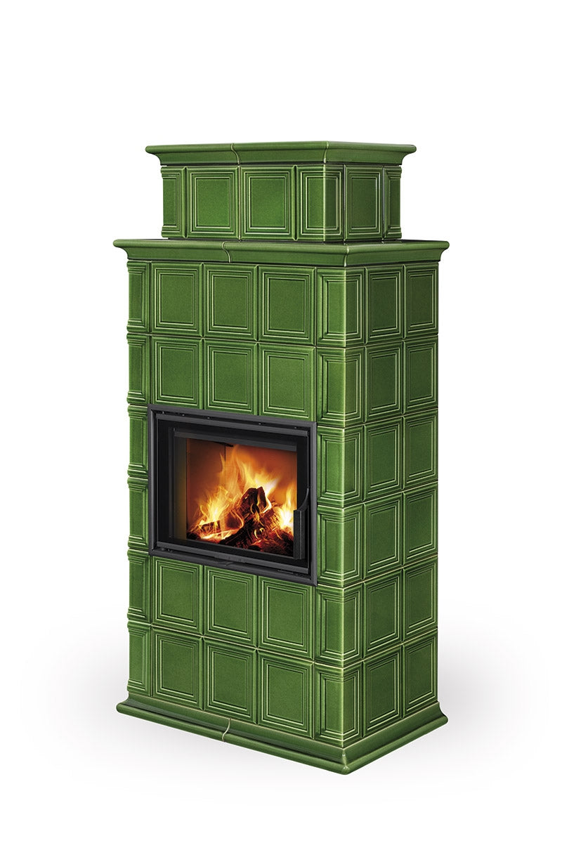 Semineu modular tip soba cu teracota rustica verde, inalta, cu linii drepte, focar cu un geam, model BARACCA11H de la Romotop