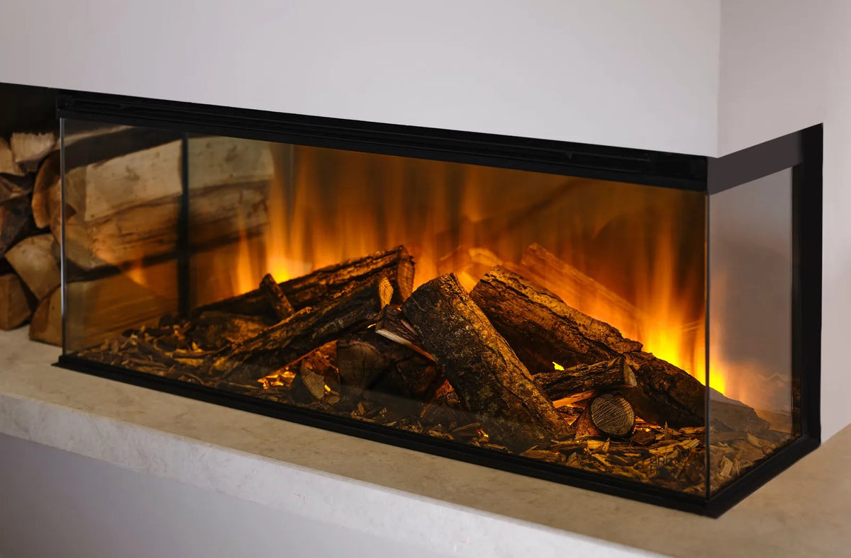 Focar electric British Fires New Forest montat pe 3 laturi, cu busteni reali de stejar