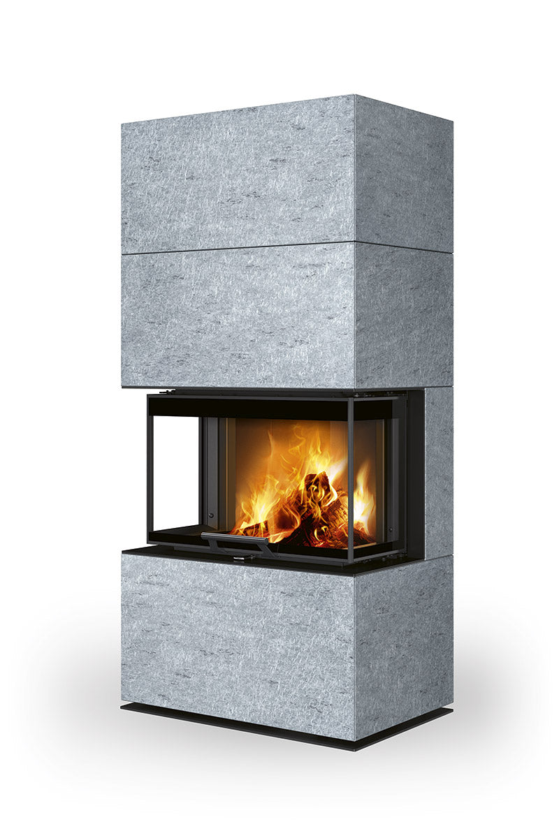 Semineu complet, modular placat cu piatra serpentin gri, geam cu trei laturi de la Romotop, model CARA C20