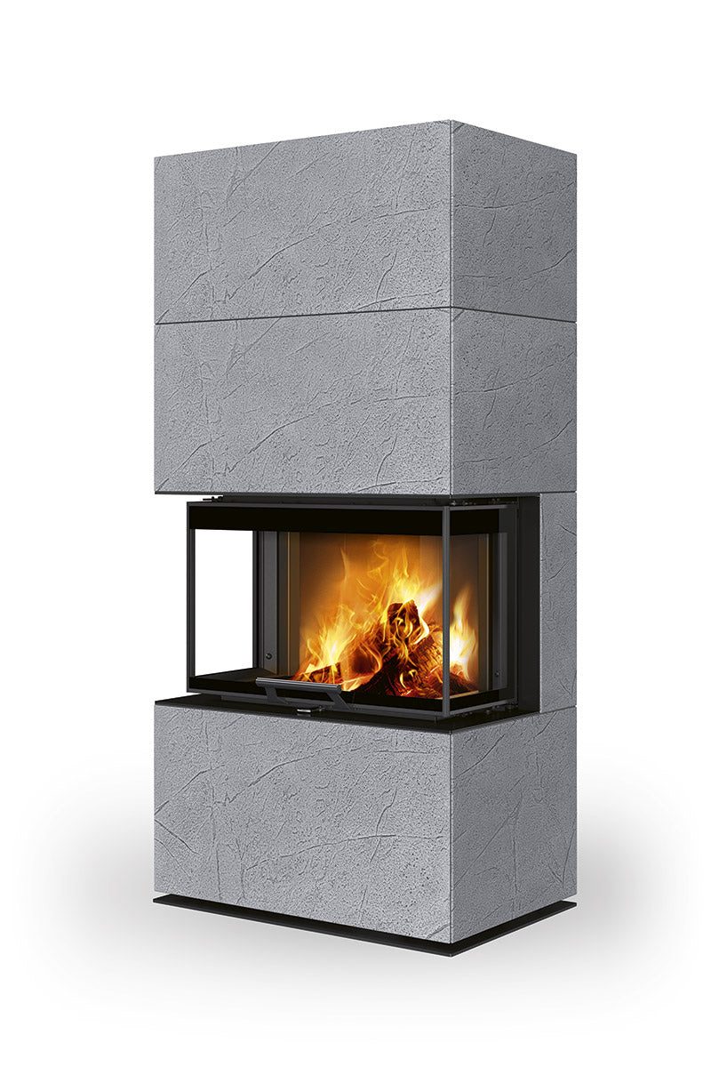 Semineu modular cu aspect de beton gri deschis, geam cu trei laturi, model Romotop