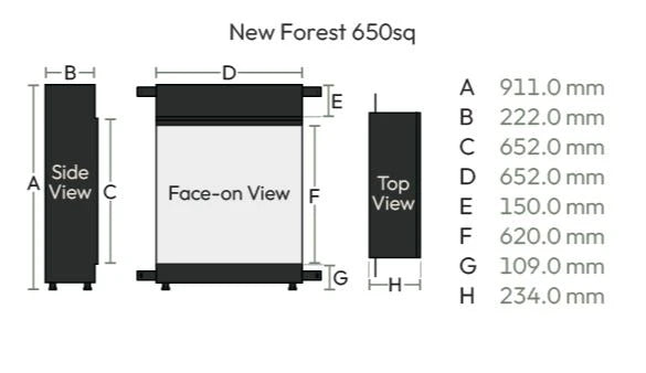 Desen tehnic cu dimensiunile focarului electric British Fires New Forest 650