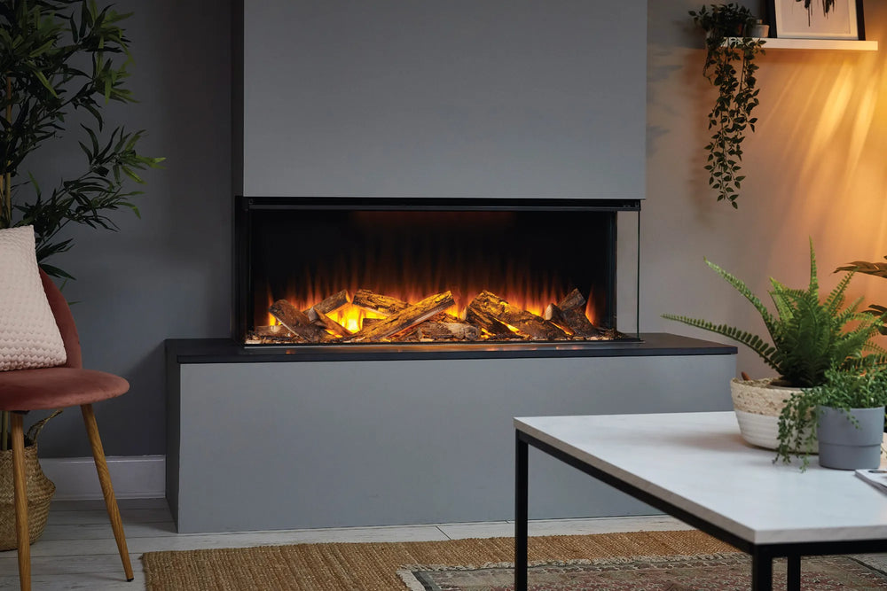 Focar electric British Fires New Forest 1200 Black Edition sub semineu de zidarie gri, living seara