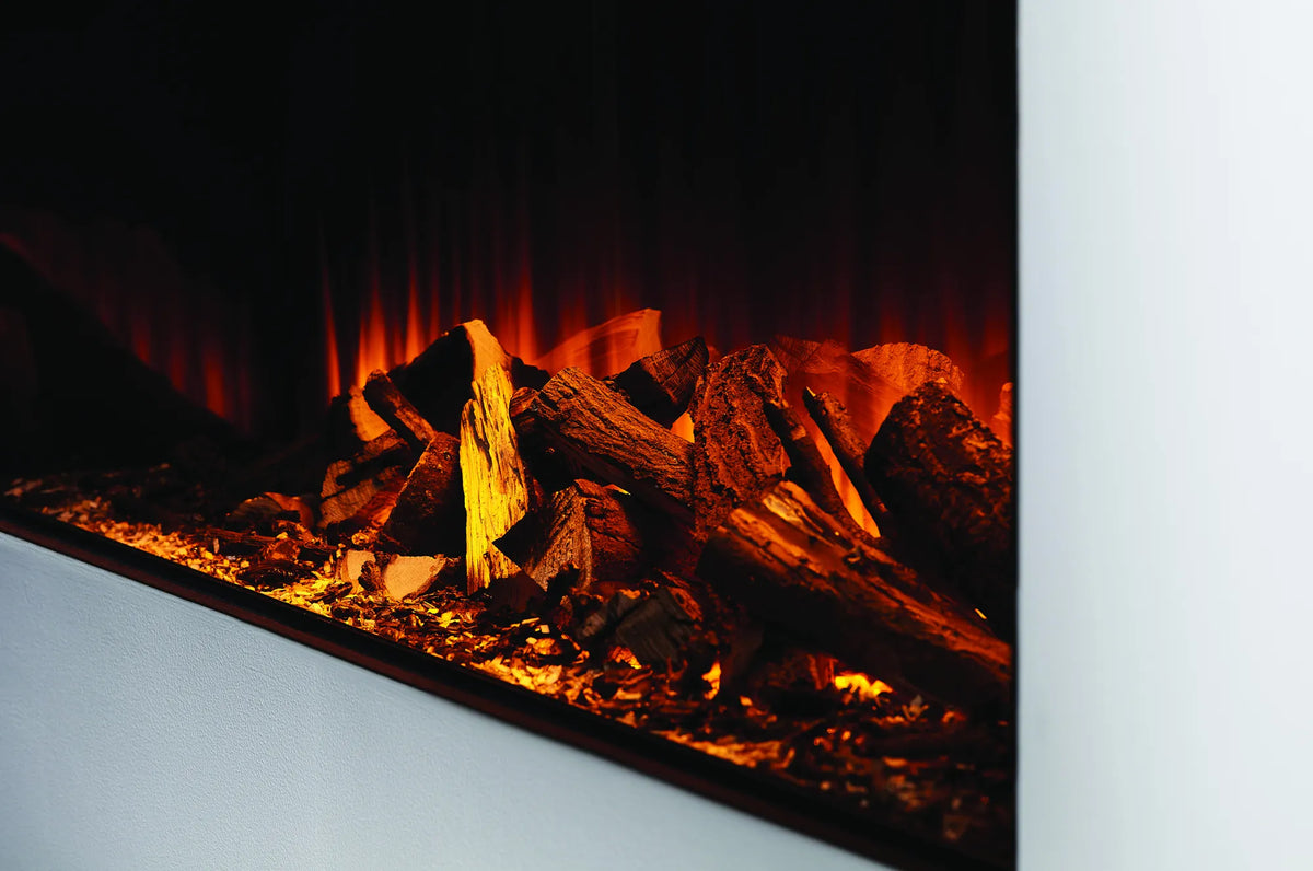 Focar electric British Fires New Forest 1600 Signature detaliu busteni ceramici si flacara