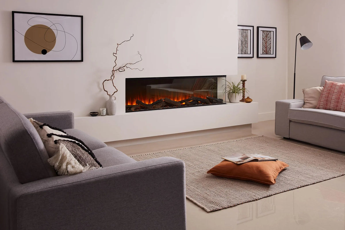 Focar electric British Fires New Forest 1600 Signature montaj pe colt, living, vedere laterala