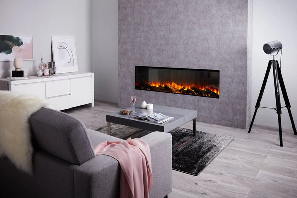 Focar electric British Fires New Forest 1600 Signature incorporat in perete gri, living