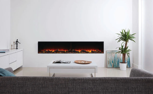 Focar electric British Fires New Forest 2400 Signature incorporat in perete alb, living