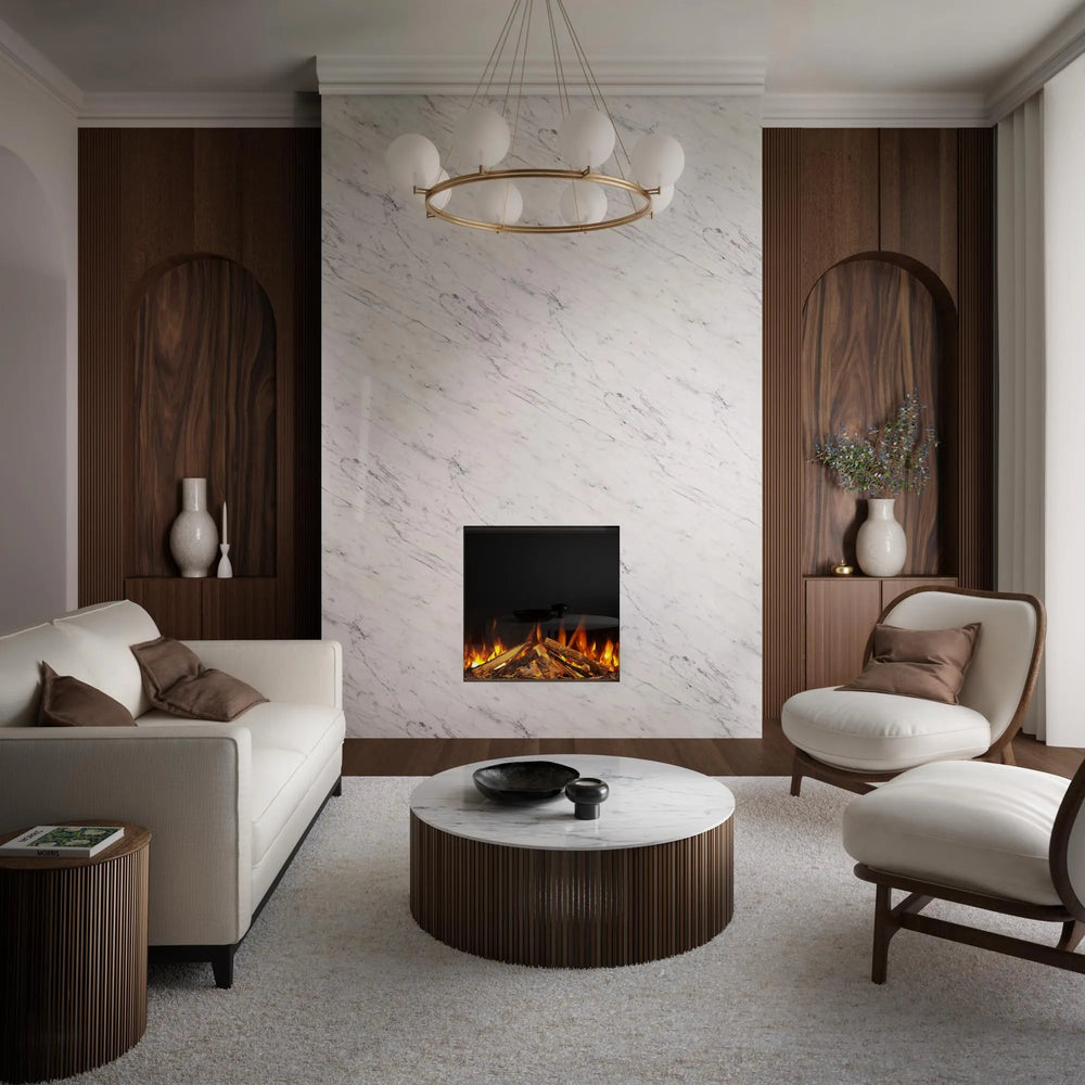 Focar electric British Fires New Forest 650 Deluxe incorporat in perete placat cu marmura, living