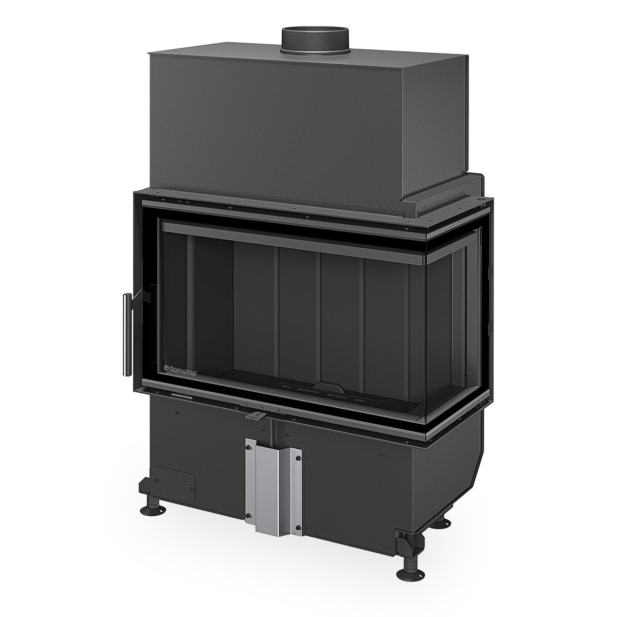Focar semineu Romotop, model de colt dreapta cu samota negra.