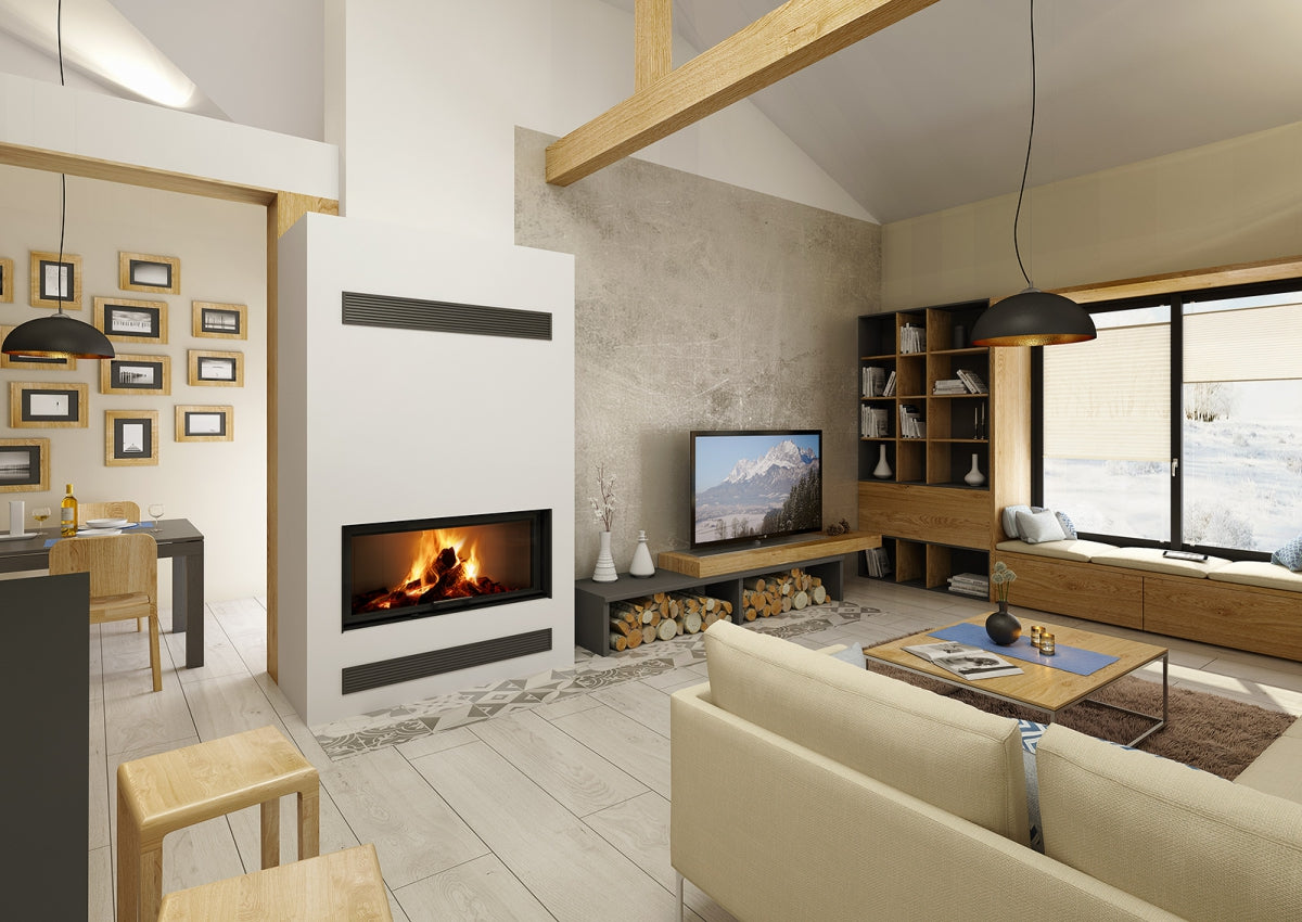 semineu modern cu focar pe lemne, integrat intr-un perete alb cu grile de ventilatie. flacarile sunt vizibile prin geamul panoramic lat, creand un ambient primitor in living. design elegant cu accente din lemn, spatiu de depozitare pentru lemne si colt de lectura langa fereastra. zona de relaxare include canapele confortabile, o masuta de cafea si decor minimalist in tonuri naturale.modern
