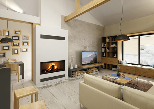 semineu modern cu focar pe lemne, integrat intr-un perete alb cu grile de ventilatie. flacarile sunt vizibile prin geamul panoramic lat, creand un ambient primitor in living. design elegant cu accente din lemn, spatiu de depozitare pentru lemne si colt de lectura langa fereastra. zona de relaxare include canapele confortabile, o masuta de cafea si decor minimalist in tonuri naturale.modern