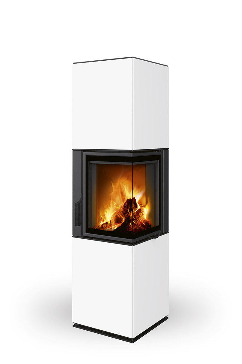 Semineu modular placat cu piatra ceramica alba, cu geam pe colt dreapta cu doua laturi de sticla, fabricat de Romotop