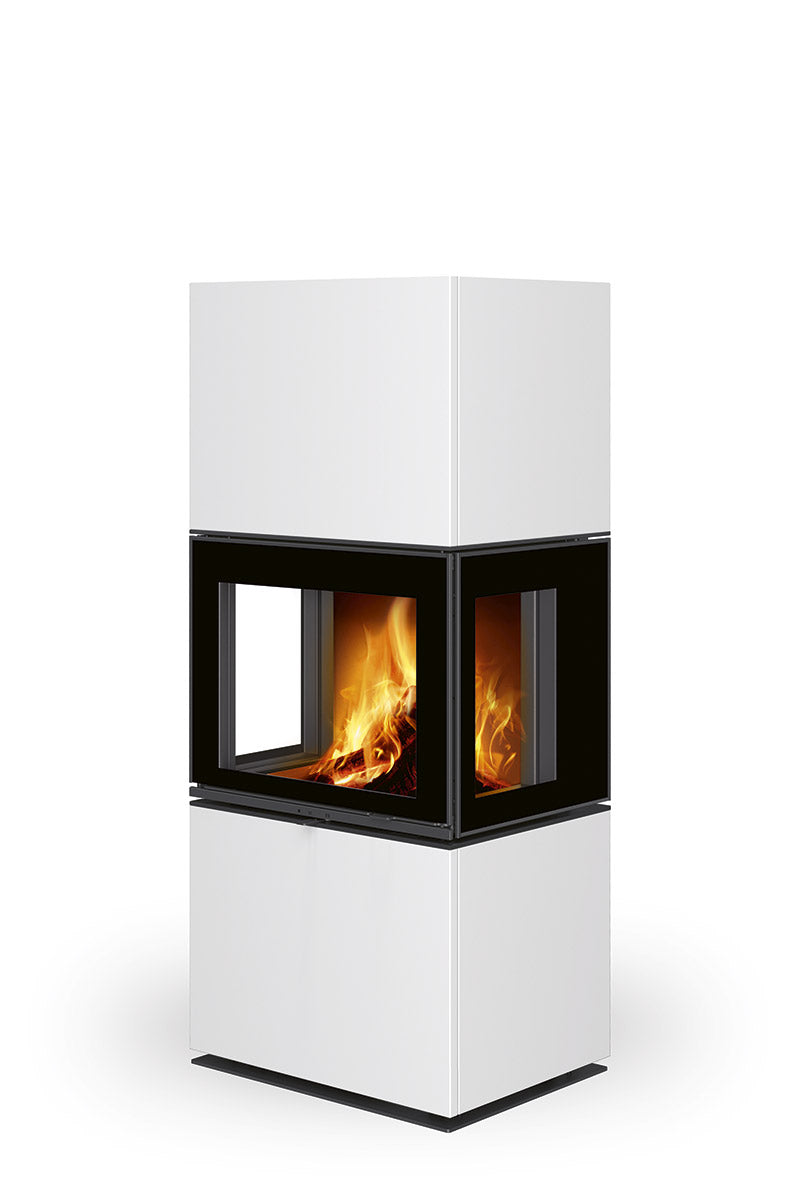 Semineu modular cu geam pe trei laturi, placat cu piatra alba, fabricat de Romotop