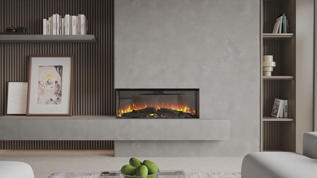 Animatie Air Curtain Technology British Fires: aerul din camera este incalzit si trimis uniform prin fata focarului