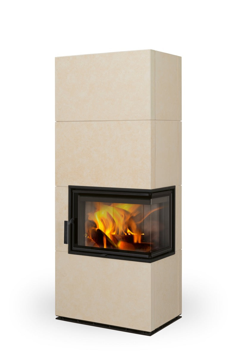 Semineu modular pe lemne, culoare crem, geam pe colt dreapta, gama Solid Romotop